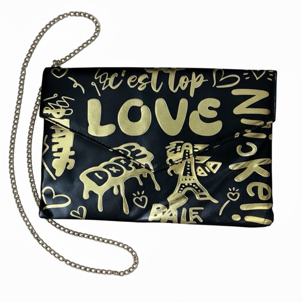 Gold and Black Graffiti Envelope Clutch - NWOT